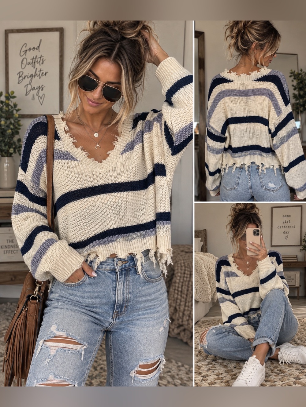 Rue21 Large Distressed Striped Oversized Cropped Knit Sweater